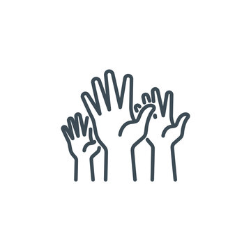 group of human hands raised up vote single line icon isolated on white. Perfect outline symbol voting by show palm. volunteers community unanimously raised up hands design element with editable Stroke