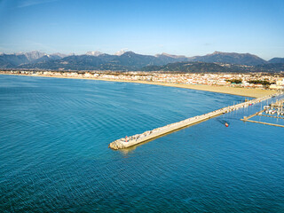 Aerial view from the drone of the port of Viareggio and its dam