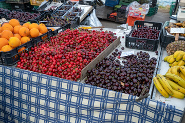 Colorful fresh ripe fruits on farmers market in Alcossebre, Spain