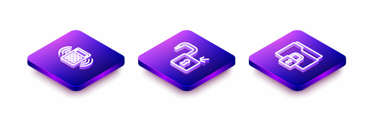 Set Isometric line Security keypad access panel, Open padlock and Folder and icon. Vector