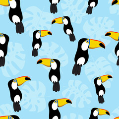 Bird toucan and leaves seamless pattern.