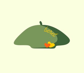Green beret with decor. Flat style.Women's accessory