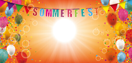 Sommerfest Banner mit Luftballons und Konfetti - obrazy, fototapety, plakaty
