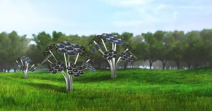 solar cell tree generate energy for the city 3d animation render