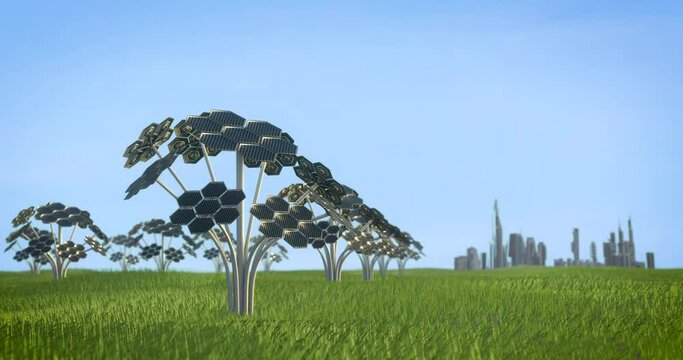 solar cell tree generate energy for the city 3d animation render