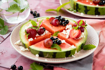 Fresh watermelon pizza salad with feta cheese