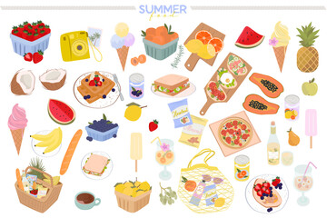 Collection of summer food elements. Season food, picnic icon. Editable vector illustration