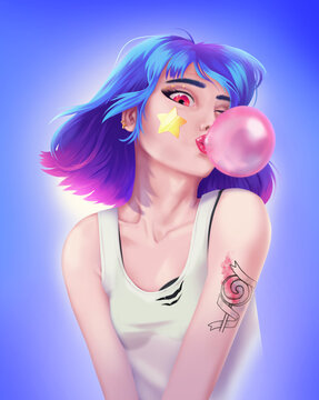 Illustration portrait fille pop au bubble-gum