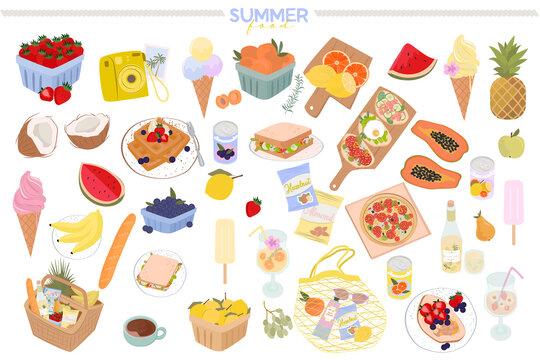 Collection Of Summer Food Elements. Season Food, Picnic Icon. Editable Vector Illustration