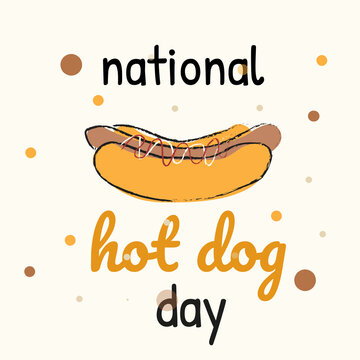 Poster design for National Hot Dog Day. sausage in dough, hot dog drawn by hand. on a beige background in dots. It can be used as brochures, flyers and other promotional marketing materials.