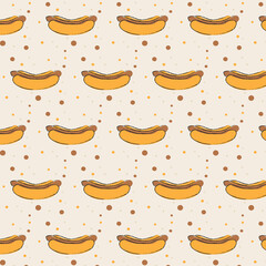 seamless pattern of hand-drawn hot dogs on a beige background. for packaging, covers, wrapping paper. vector illustration
