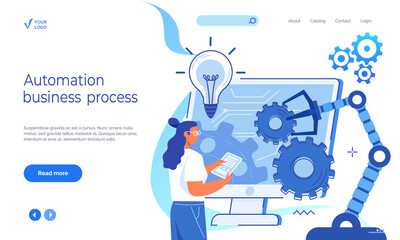 Automation business process landing page template. Company strategy. Work organization. Project management, software development. Automated business system concept with computer that builds robot arms