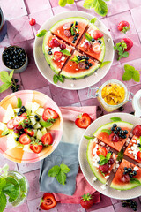 Fresh watermelon pizza salad with feta cheese