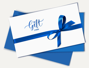 Decorative white gift card design template with blue bow and ribbon. Fathers day or New Year holiday element. Vector illustration	 - 506599832