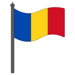 Flag of Romania. Color vector illustration. The fabric is decorated with three vertical stripes. The national symbol of the state develops in the wind. Cartoon style. Isolated background. Political 
