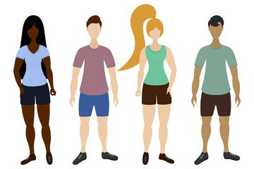 A group of athletes. Men and women of different skin tones. Color vector illustration. People in t-shirts, shorts and sneakers. Isolated background. Flat style.