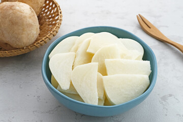 A bowl of fresh jicama or bengkoang (Jicama slices), gut health.

