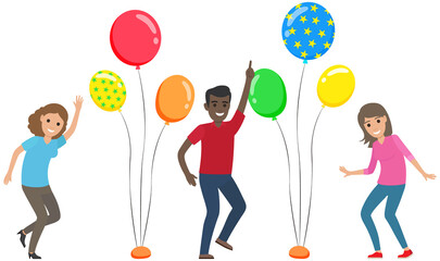 Young beautiful girl and man dancing between balloons. Celebration party, fun activity feeling excited concept. Female character dancing, moving rhythmically. Lady in dance rejoicing celebrating event