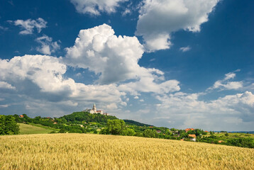 Pannonhalma Archabbey with wheat field in summertime, Hungary