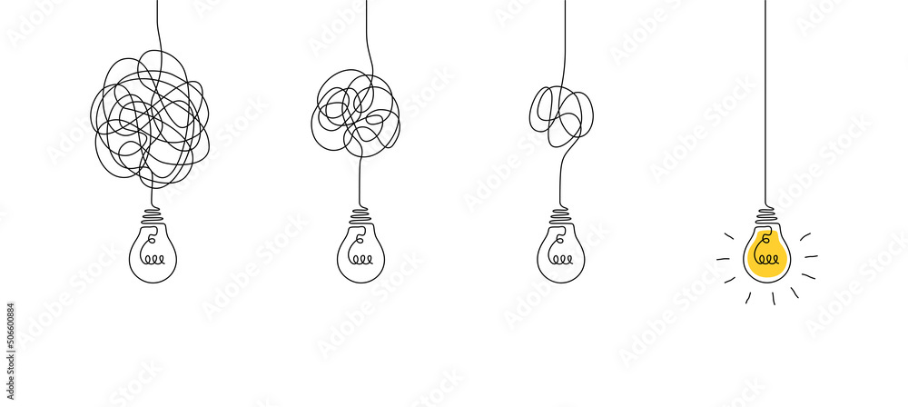 Poster one continuous line drawing of tangled and scribble wires with light bulbs. concept of complex probl