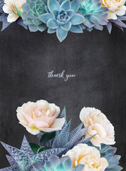 Floral card with copy space. Succulents and white roses on dark textured grange background. Bouquet of garden flowers.