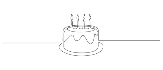 Continuous one line drawing of birthday cake with candles. Symbol of sweet celebration torte and pastry confectionery icon concept in simple linear style. Editable stroke. Doodle vector illustration