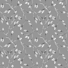 Graphic hand drawn botanical seamless pattern. Black and white leaves and branches on grey background repeat print. Monochrome floral design element for wallpaper, textile, fabric, wrapping paper 