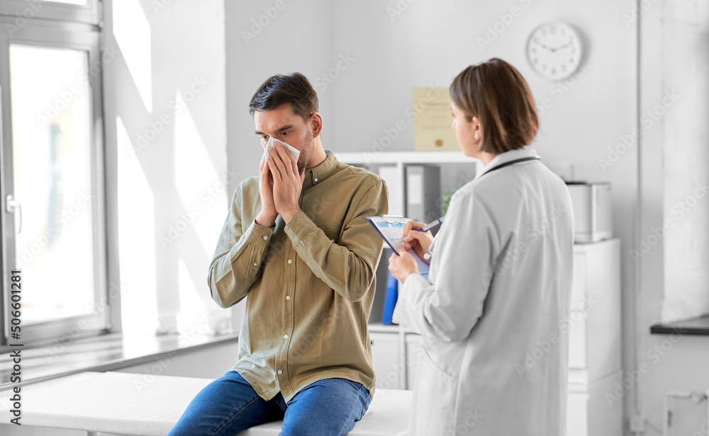 Sticker medicine, healthcare and people concept - female doctor with clipboard talking to man patient blowin