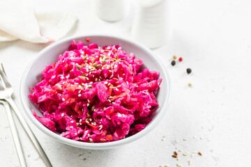 Fermented beet cabbage salad. Top view, copy space.