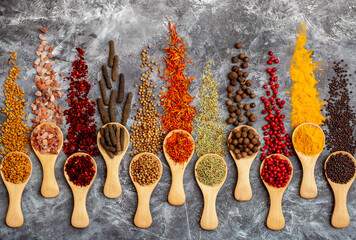 A set of spices on a gray background. Variety of spices from India. Food decoration design. Various...