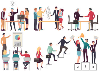 Set of illustrations about business development, strategy planning, success. Teamwork with business, discussing creative project. Colleagues discussing work in business. Successful project development