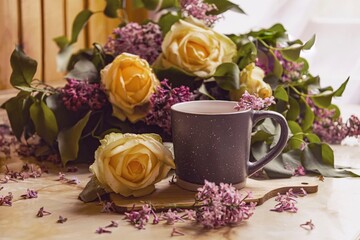 Bouquet of purple lilacs with yellow roses. Gray cup of coffee. Romantic spring flowers. Side view on window background.