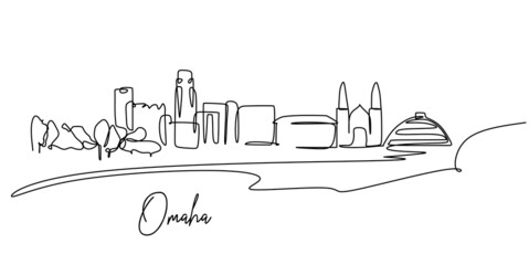Single continuous line drawing of Omaha city skyline, Nebraska, United States. Famous city for wall decor print. World travel concept. Editable stroke modern one line draw design vector illustration - obrazy, fototapety, plakaty