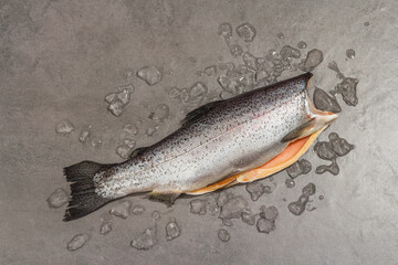 Raw trout carcass with ice on a grey stone concrete background. Sea fish, healthy food