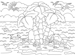 Uninhabited island in the ocean. Nature and fish. Coloring page outline of cartoon. Vector illustration, coloring book for kids.