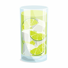 Drink glass with lime juice or a cocktail with ice and a slices of lime. Vector graphic.