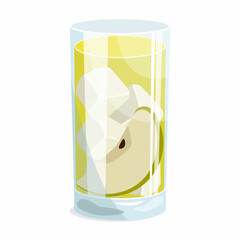 Drink glass with apple juice or a cocktail with ice and a slice of apple. Vector graphic.
