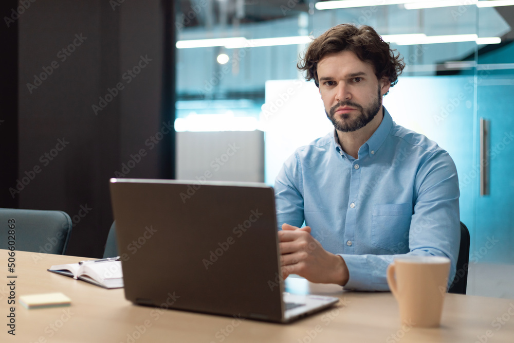 Poster portrait of business man using laptop and posing