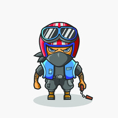 Cute retro biker rider character illustration. Simple cartoon vector design. 