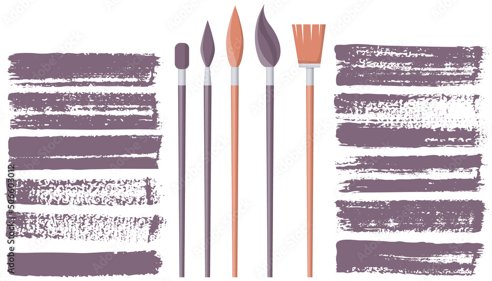 Poster set of different abstract shapes and prints next to art brushes. black design elements isolated on w