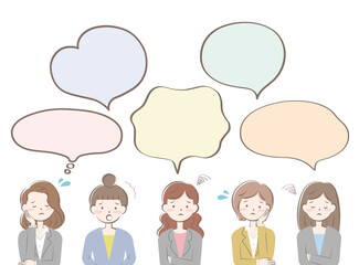 スーツ姿の女性たち　悩む　困る　フレーム　ふきだし