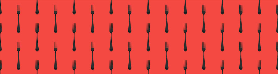 Seamless pattern. Fork top view on red background. Template for applying to surface. Banner for insertion into site. Place for text cope space. Flat lay. 3D image. 3D rendering.