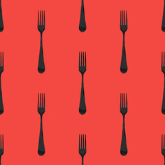 Seamless pattern. Fork top view on red background. Template for applying to surface. Flat lay. 3D image. 3D rendering.