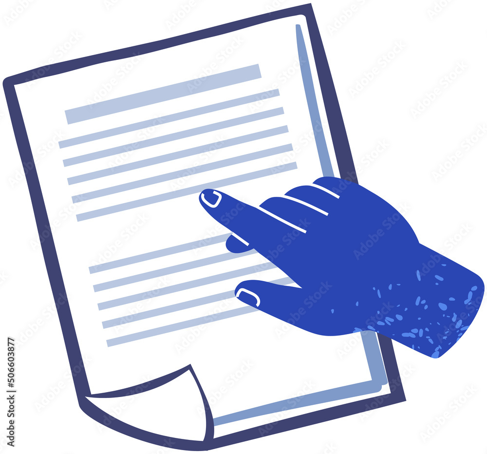 Poster human hand points to paper sheet with data. person showing document with writing. working with infor