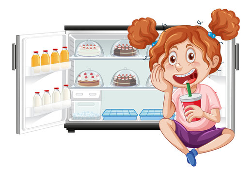 girl drinking soda near open fridge clip art preview