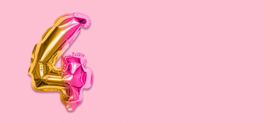 Rainbow foil balloon number, digit four on a pink background. Birthday greeting card with inscription 4. Top view. Numerical digit. Celebration event, template. Banner