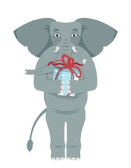 Elephant holding gift. Animal in cartoon style.