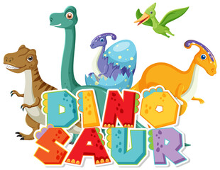 Cute dinosaur group with dinosaur word logo