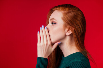 annoying redhaired ginger woman feeling irritation and anger studio background