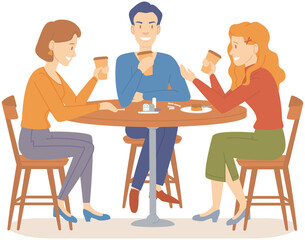 Group of friends sitting in cafe drink tea or coffee. People spend time in cafeteria together. Cartoon characters relax and communicate near food and drink icons. Friendship and joint pastime concept.